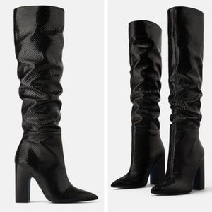 ZARA BLUE COLLECTION BLACK SNAKESKIN PRINT 100% LEATHER BOOTS